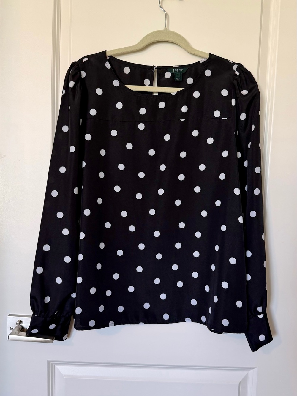 J. Crew Black Blouse with White Polka Dots, Large, Like new - Picture 2 of 10